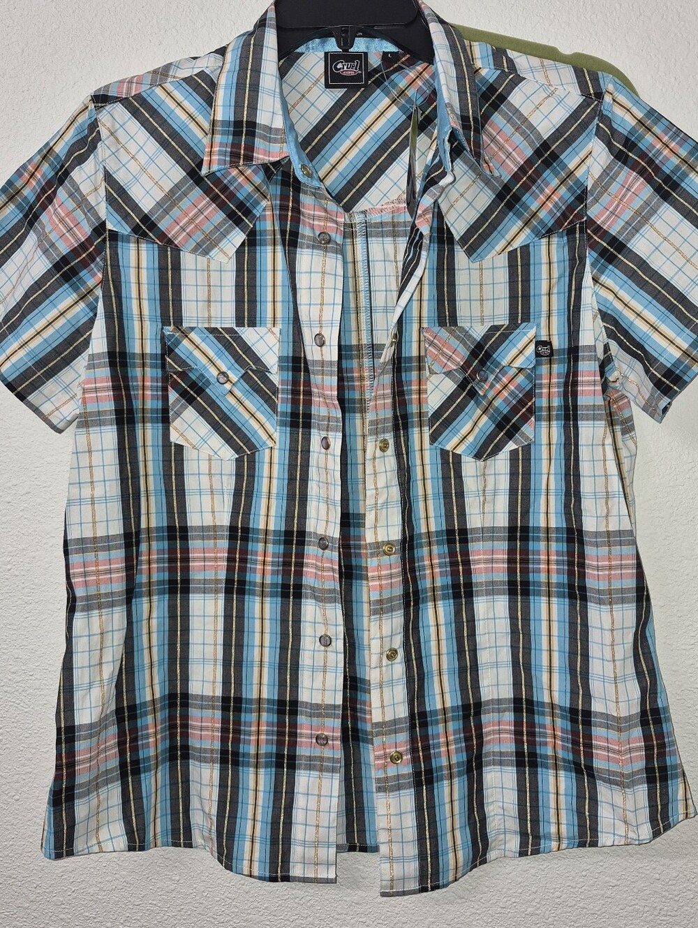 Cruel Girl Short-Sleeve Plaid Button-Down Shirt in Blue, Black & White